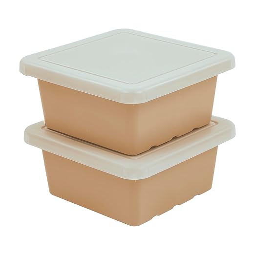 ECR4Kids Stackable Square Bins with Non-Snap Lids, Multipurpose Organization, Sand, 2-Pack