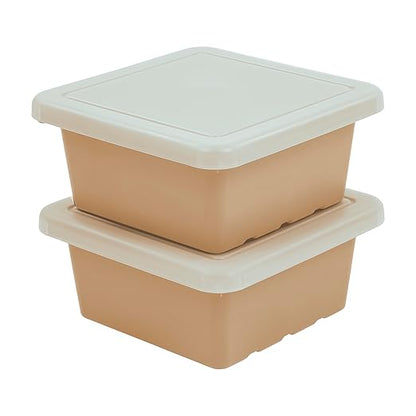 ECR4Kids Stackable Square Bins with Non-Snap Lids, Multipurpose Organization, Sand, 2-Pack