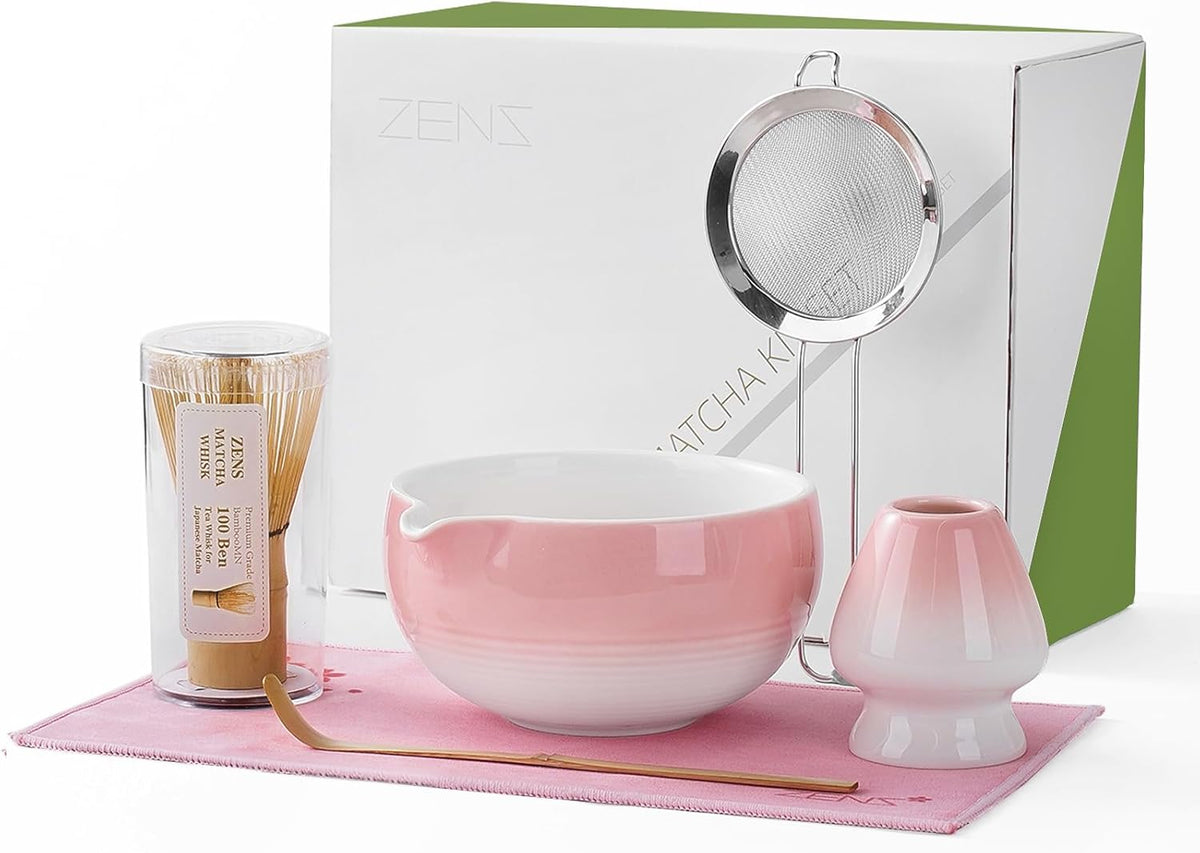 ZENS Pink Matcha Set, Matcha Whisk Set with 15oz Ceramic Bowl & (Chasen Holder), 6pcs Matcha Kit with Bamboo Scoop and Sifter, Tea Towel for Matcha Lovers