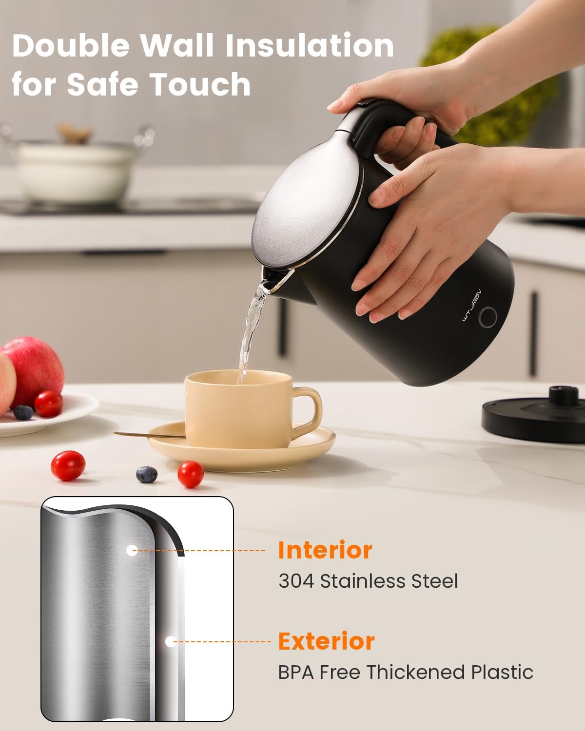 Electric Kettle Stainless Steel, 1.0L Small Water Boiler 1200W Fast Boiling, Double Wall Tea Kettle Pot Automatic Shut Off