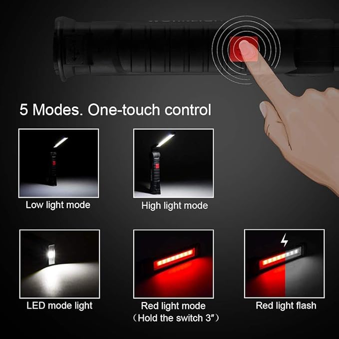2Pack LED Work Lights, USB Rechargeable COB Light with Magnetic Base 360°Rotate and 5 Modes, Folding Flashlight Inspection Mechanic Light for Car Repairing, Workshop, Household and Emergency Use,Large