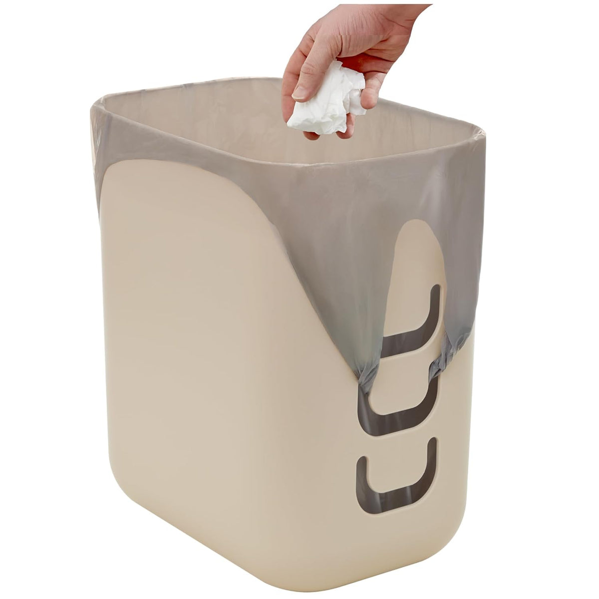 STORi Luup Bathroom Wastebasket, Secure Grocery Bags, Plastic Garbage Container for Vanity, Laundry Room, Kitchen, Office, 2.5 Gallon, Beige, Made in USA