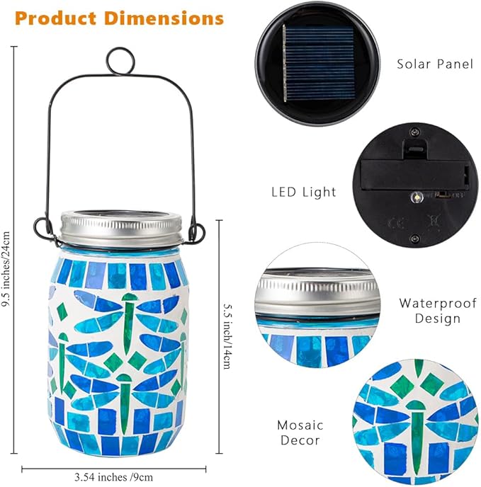 Starsoul 4 Pack Solar Hanging Lanterns Outdoor Waterproof, Mosaic Dragonfly Decor Glass Solar Outdoor Lights, Decorative Solar Lantern for Outside Pathway Patio Porch Yard Decor