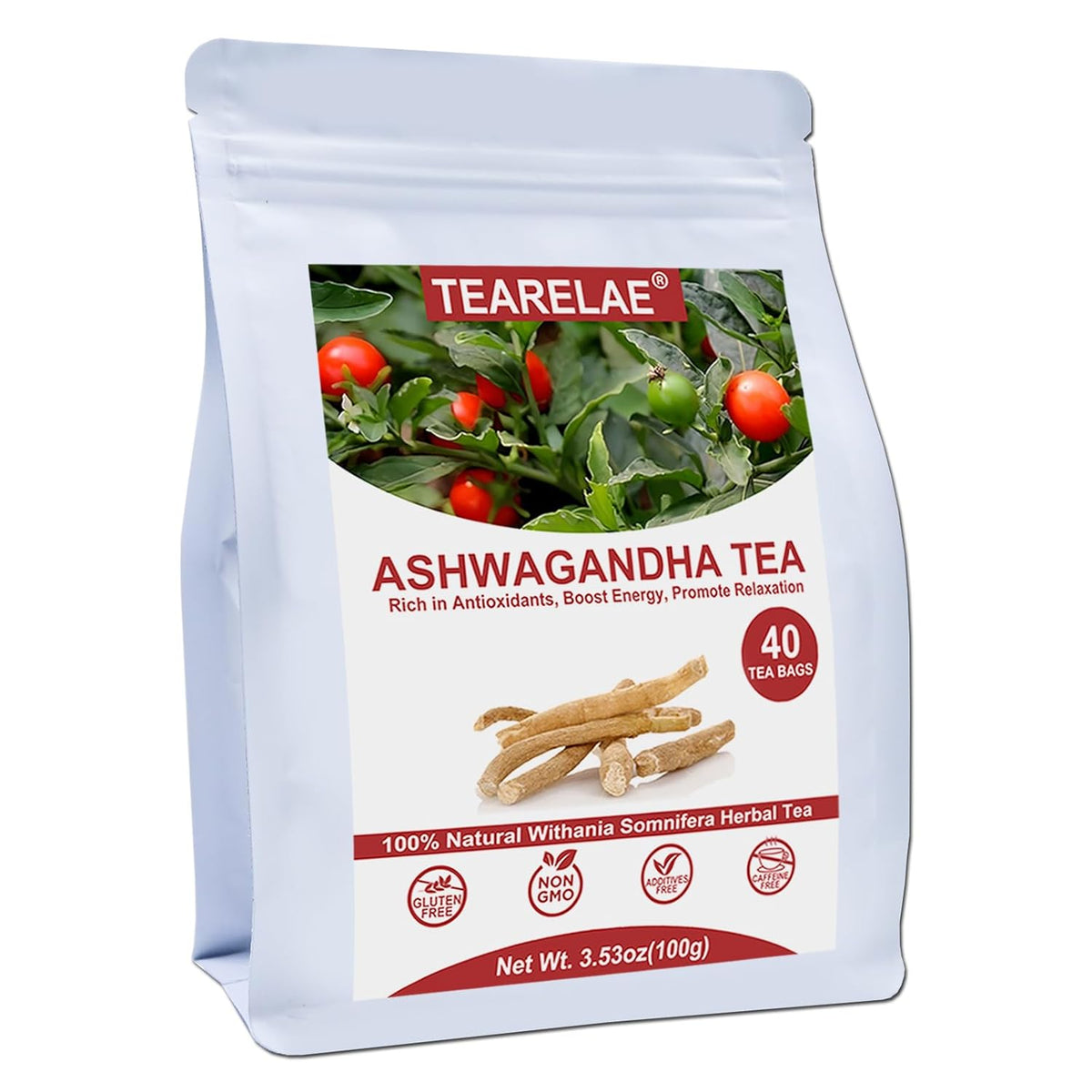 Tearelae - Ashwagandha Tea Bags - 2.5g x 40 Count - Sourced From India - Premium Natural Cut & Sifted Pure Indian Ginseng Root - Non-GMO