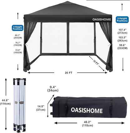 OASISHOME 10'x10' Pop-Up Gazebo Canopy Tent with Netting Sidewall & Wheeled Bag,Weight Bag, Stakes, Ropes, Waterproof, UV Protection, Heavy-Duty Steel Frame for Backyard/Outdoor/Parties (Black,10x10)