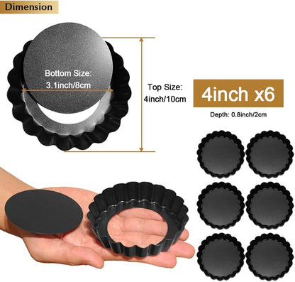 6 Pack Mini Tart Pans 4 Inch with Removable Bottom Round Non-stick Deep Quiche Pan, Heavy Duty Fluted Side for Pies, Egg Tart Molds for Baking