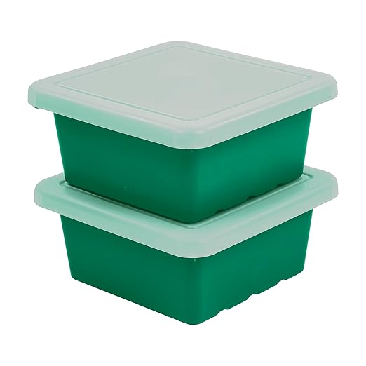 ECR4Kids Stackable Square Bins with Non-Snap Lids, Multipurpose Organization, Green, 2-Pack