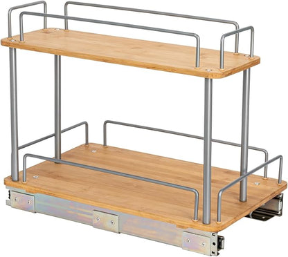 Household Essentials Glidez Steel and Bamboo Pull-Out/Slide-Out Storage Organizer for Under Sink or Cabinet Use - 2 -Tier Design - Fits Standard Size Cabinet or Shelf, Brushed Silver and Natural