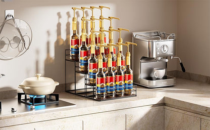 16 Bottle Capacity Coffee Syrup Organizer 4 Tier Coffee Syrup Stand Shelf for Coffee Bar Kitchen Small Wine Rack for Bar Family Storage for Syrup Wine Dressing