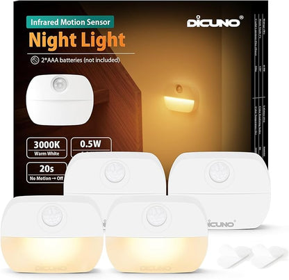 DiCUNO Motion Sensor Night Light, Stick-On Nightlight with Dusk to Dawn Sensor, 20lm, 3000K Warm White, 0.5W, Battery Operated LED Night Lights for Bedroom, Bathroom, Hallway, Stairs, 4-Pack