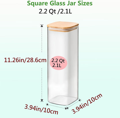 2.2 Qt Square Glass Storage Containers with Lids, Clear Food Storage Container Jar with Sealing Bamboo Lid Storage Containers for Pasta, Oats, Coffee