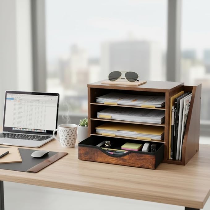 Wooden Desk Organizer with Drawers, Office Organizers, 4 Tier Desk Organizer and Accessories, Paper File Mail Organizer, Brown