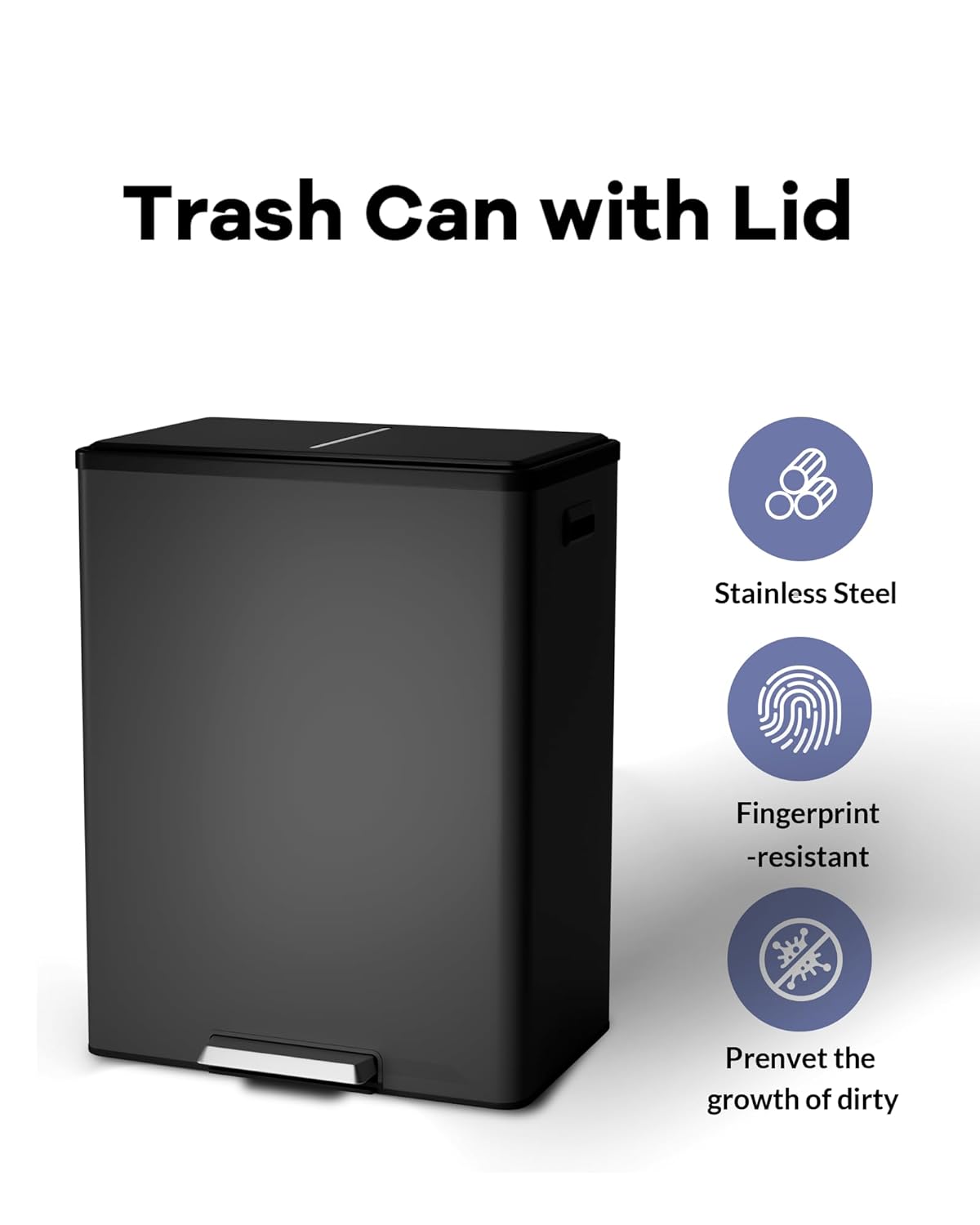 Garvee Dual Trash Can for Recycling and Trash, 2 x 30 L (60 L) Stainless Steel Kitchen Trash Can with Lid and Foot Pedal, Double Compartment Garbage Can, with Recycling Bin, 2 x 8 Gallon