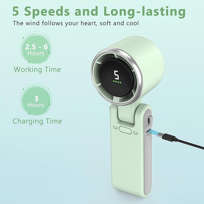 Portable Handheld Turbo Fan, 180° Foldable Mini Desk Fan with 5 Wind Speed, Portable Fan Rechargeable, LED Display, Small and Powerful, 3 IN 1 Hand Fans for Outdoor Activities, Office, Travel (Green)