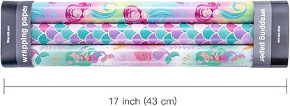WRAPAHOLIC Mermaid Wrapping Paper Roll - 3 Short Roll - Birthday Wrapping Paper for Kids Girls Birthday, Mermaid Party, Baby Shower - 17 Inch x 120 Inch Per roll