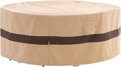 WJ-X3 Round Patio Furniture Cover, 62" D x 31" H, Waterproof, UV Resistant, Anti-Fading Outdoor Cover for Round Dining Table and Chairs Set, Beige & Coffee
