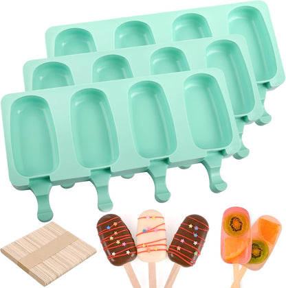 Large Oval 4 Cavities Silicone Popsicle Molds Set of 3, Green | Food Grade Silicone, Easy to Use, Include 150 Pcs Wooden Sticks, Homemade Ice Cream Molds for Ice Pop, Cakesicles, Cake Pop