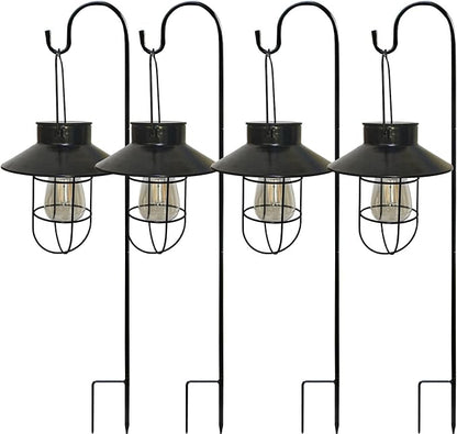 Solar Lanterns Outdoor Waterproof,4pack Hanging Solar Lights Lantern Lamp with Shepherd Hook, Metal Waterproof Edison Bulb Lights for Garden Outdoor Pathway