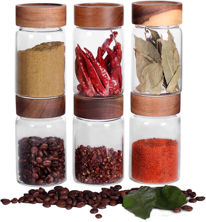 Saiool 6 Pcs Small Glass Spice Jars with Label,High Sealing Threaded Mouth,with Black Printed Spice Labels - 8.79oz /260ml*6