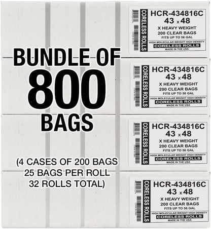 Aluf Plastics High Density Trash Bags, 56 Gallon, 800 Count, 16 Micron (eq), 43" x 48", Clear, for Bathroom, Office, Industrial, Commercial, Janitorial, Municipal, Recycling