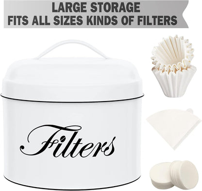 Coffee Filter Holder, White Basket Coffee Filter Storage with Lid, Round Coffee Filter Container for Counter, Rustic Farmhouse Coffee Bar Accessories Decor (White)