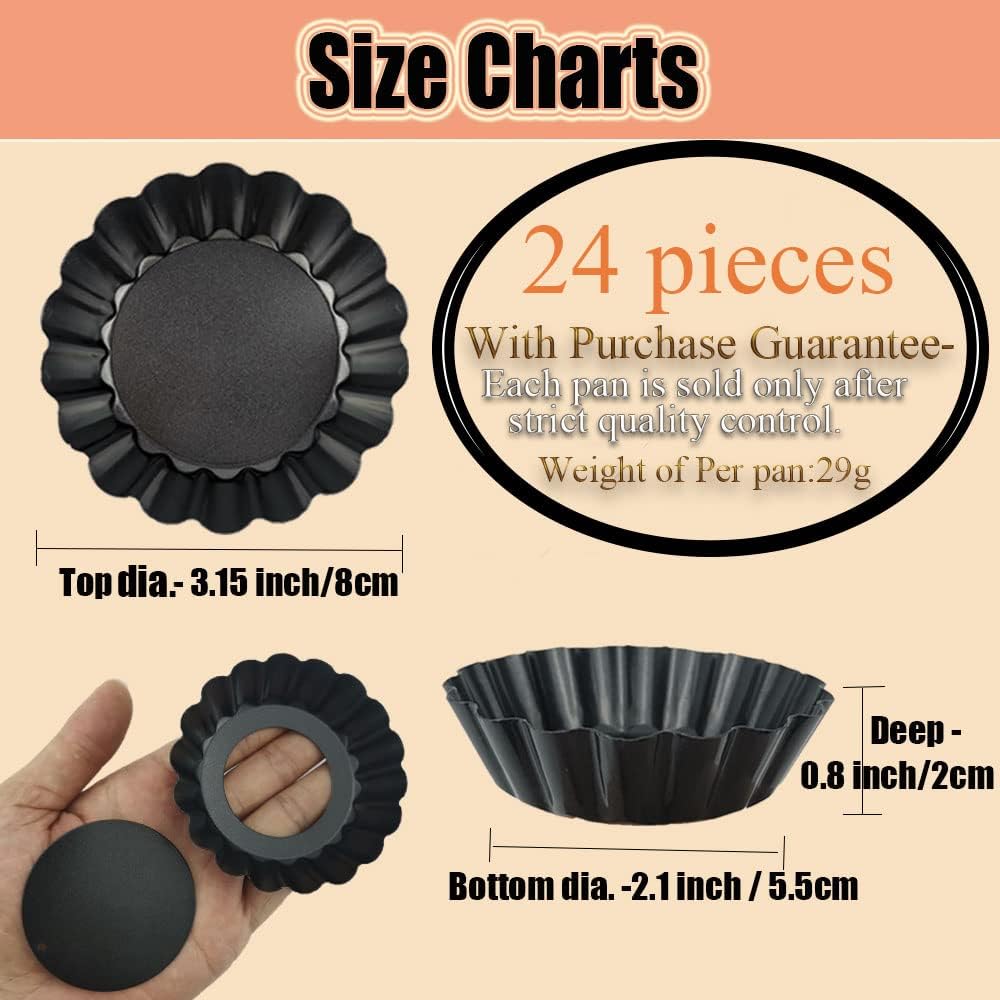 Datanya 24Packs Mini Tart Pans 3 Inch with Removable Botttom, Carbon Steel Fluted Tart Tin Shell Mold Round Nonstick 3'' Quiche Pans for Pies