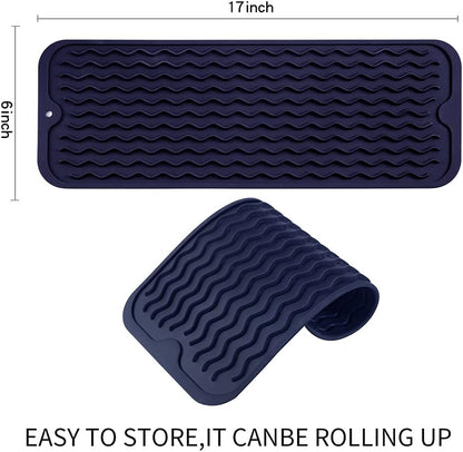 Silicone Dish Drying Mat for Multiple Usage,Easy clean,Eco-friendly,Heat-resistant Silicone Mat for Kitchen Counter,Sink,Bar,Bottle,or Cup Navy Blue M 17 inches x 6 inches