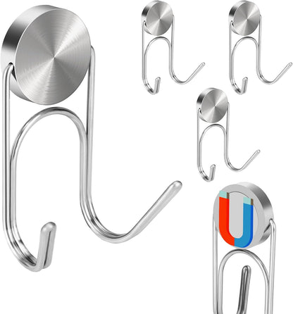 Magnetic Hooks 304 Stainless Steel Hooks Heavy Duty Magnets Hanging Hooks for Refrigerator Grill Toolbox Cabins Outdoor,Cruise Essentials Camper Accessories,4pack(Silver,1.3in-2)