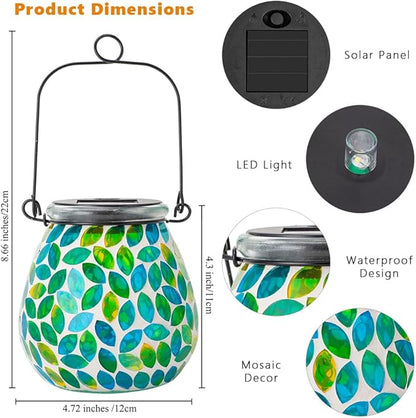 Starsoul Solar Lanterns Outdoor Waterproof, Unique Green Mosaic Glass Solar Garden Lights, Decorative Outdoor Lantern for Outside Patio Pathway Porch Yard Table