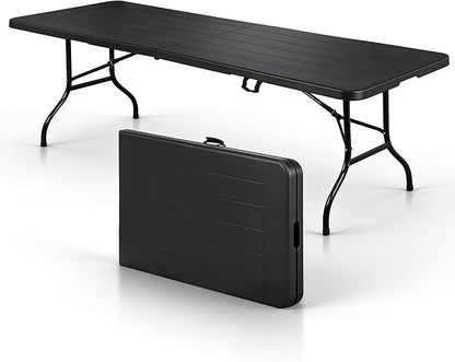SUPER DEAL 8FT Folding Picnic Table for Indoor Outdoor, Portable Fold-in-Half Plastic Dining Camping Party Table with Carrying Handle, Black