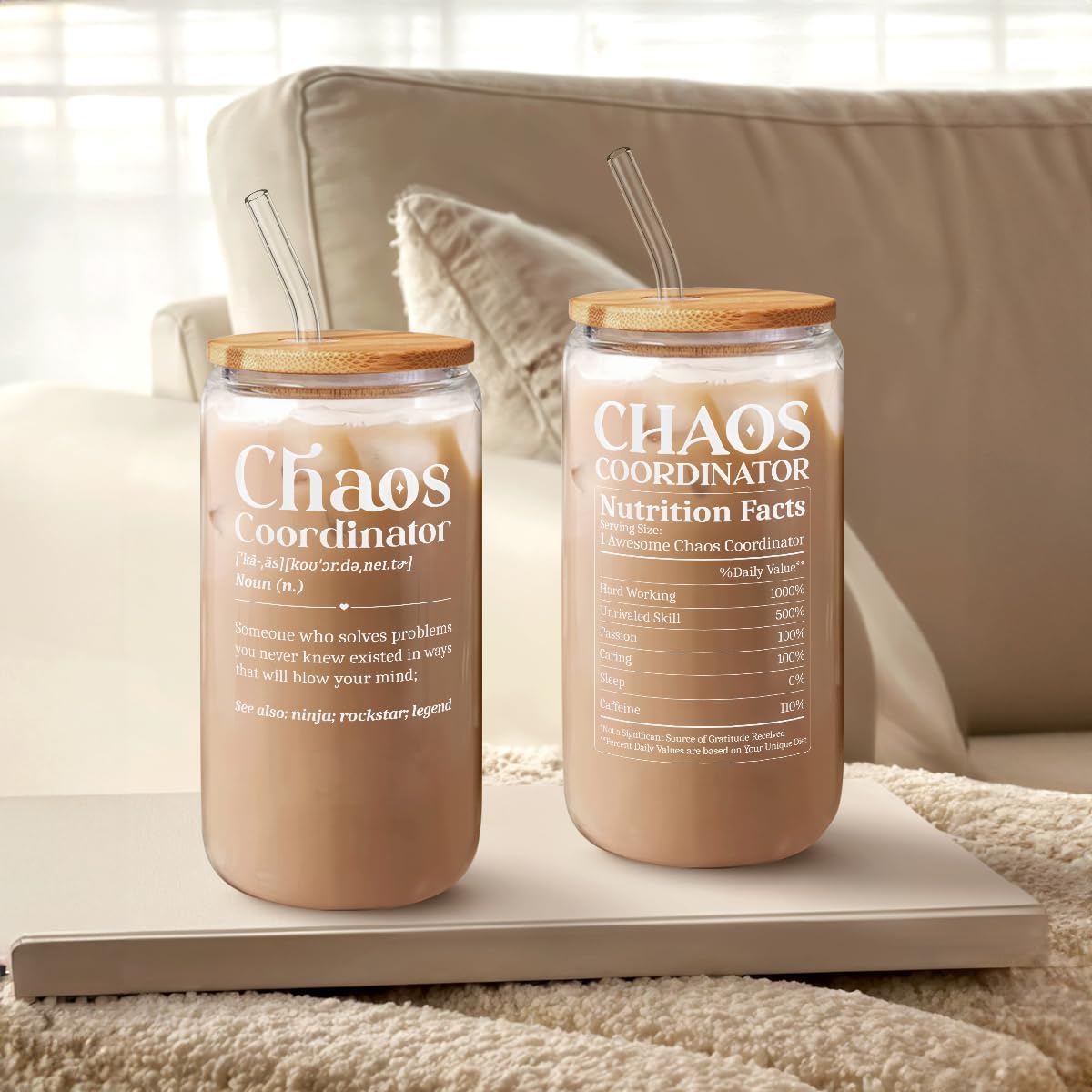 Chaos Coordinator 16oz Can Glass Tumbler with Bamboo Lid & Straw, Iced Coffee Cup for Female Coworker Friends Colleagues