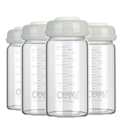 COMI Wide Neck Glass Breastmilk Collection n Storage Bottle, 8oz with Screw Ring Sealing Disk; Re-markable Sealing Disc. BPA Free, Fits Breast Pumps & Nipples (4 Gray Lids)
