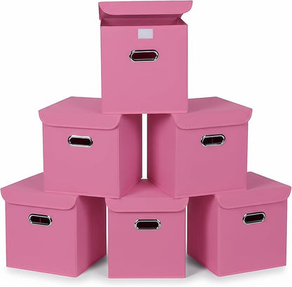 Closet Organizers Fabric Storage Bins With Lids Collapsible Cube Storage Organizer Basket With Handles,Storage Boxes for Clothes Storage,Office,Laundry,Shelves,6 Pack,（Pink）