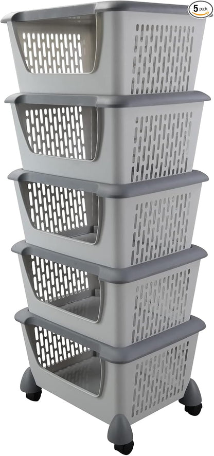 Farmoon 5 Pack Plastic Stackable Storage Baskets, Grey Plastic Stacking Baskets with Wheels