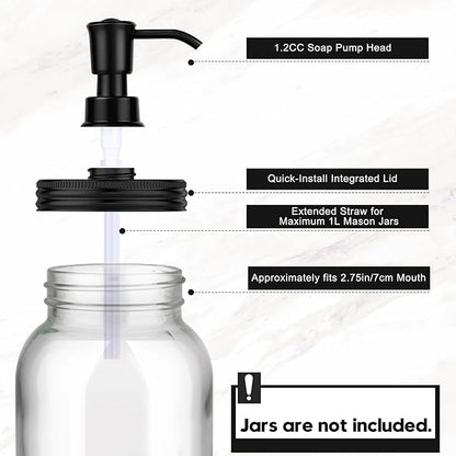Plastic Soap Dispenser Set, 1.2CC Rustproof Pump and Lids for Regular Mouth Mason Jars, Quick Assemble Accessories for Farmhouse Kitchen Bathroom Counter Decor - 4 Pack Black