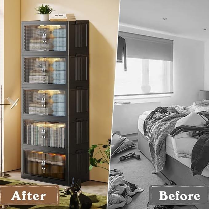 SAILUN 145Gal/580Qt Collapsible & Stackable Storage Bins with Door & a Lid,Perfect for Blanket Storage, Pillow Organizer, Bedroom Closet & Living Room, Black 26" W x 17" D x 71" H
