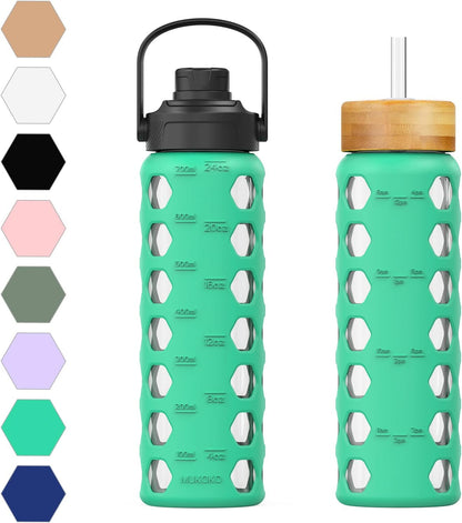 MUKOKO 24oz Glass Water Bottle with 2 Lids-Handle Flip Lid&Bamboo Straw Lid,Motivational Water Tumbler with Time Marker Reminder and Silicone Sleeve, Leakproof-Green