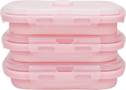 CCyanzi 3piece Collapsible Food Storage Containers with Lids, Silicone Lunch Container, Microwave & Freezer Safe, Space Saving for Kitchen Cabinet and Camping Backpack,(pink)