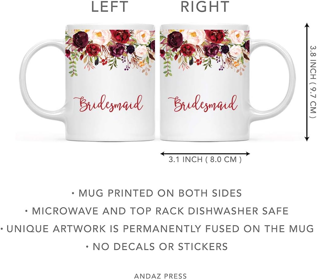 Andaz Press 11oz. Wedding Ceramic Coffee Tea Mug Gift, Fall Autumn Marsala Burgundy Flowers Roses Florals, Bridesmaid, 1-Pack, Includes Gift Box