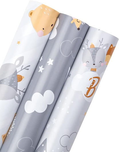 WRAPAHOLIC Reversible Baby Shower Wrapping Paper Roll - Mini Roll - 3 Rolls - 17 Inch x 120 Inch Per Roll - Cute Hedgehog, Animals & Baby Lettering Design for Neutral Baby Shower