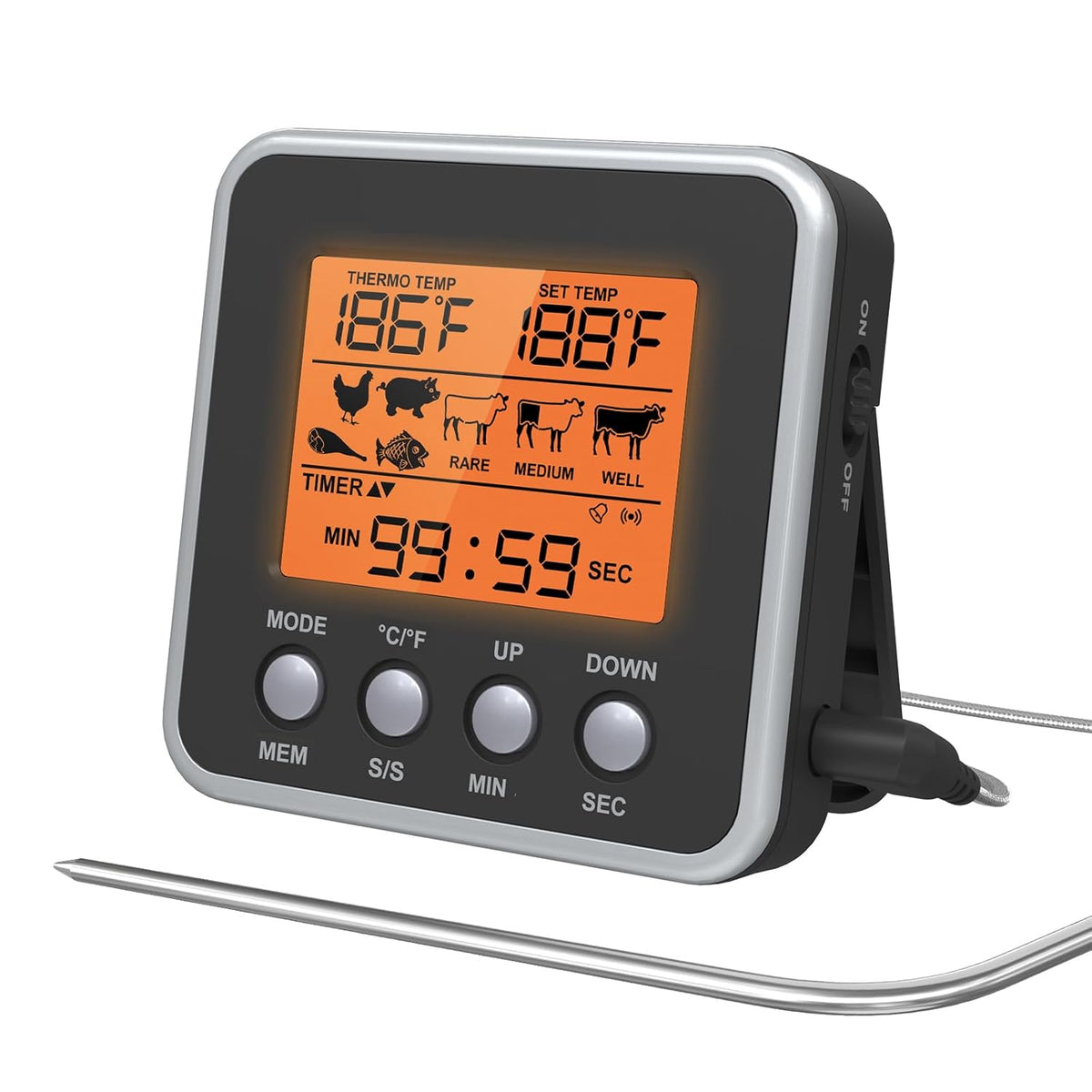 Digital Meat Thermometer for Oven, Food Thermometer with Large LCD, Backlight, Kitchen Timer, Temperature/Time Alarm for Smoker, BBQ, Barbecue
