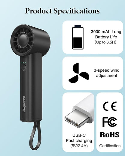 Portable Handheld Fan with Power Bank(High-Speed),3 IN 1 USB Rechargeable Mini Personal Fan with Flashlight,Small Size for Outdoor/Travel/Beach/Concerts/Summer.Gifts for Girl,Women.Black