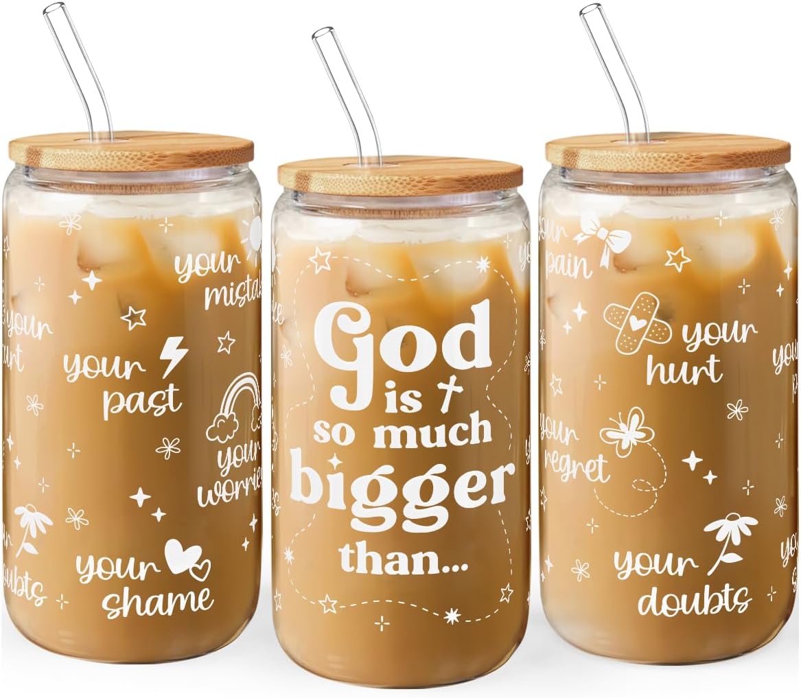 Christian Inspiration16oz Can Glass Tumbler with Bamboo Lid & Straw, Inspirarional Iced Coffee Cup for Women Girls