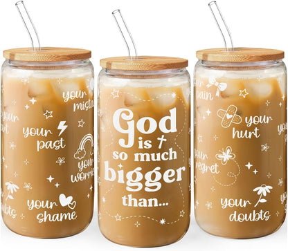 Christian Inspiration16oz Can Glass Tumbler with Bamboo Lid & Straw, Inspirarional Iced Coffee Cup for Women Girls