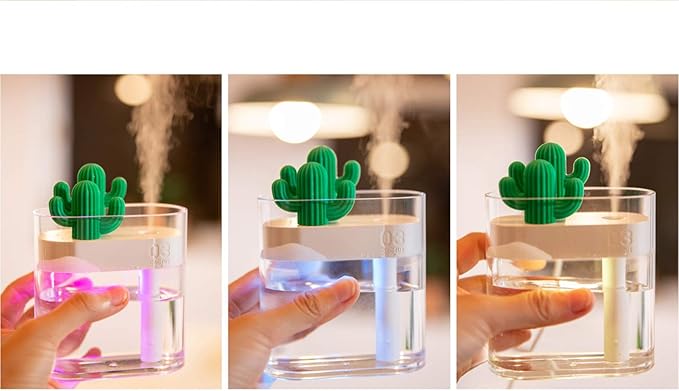 USB Cool Mist Humidifier with Night Light, Mini Size Cactus Humidifier for Bedroom Home Office Car with Timed auto Shutdown(Transparent)