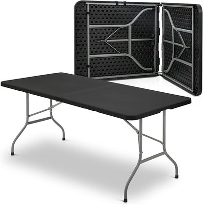 MoNiBloom 6Ft Folding Table, Heavy Duty Portable Plastic Dining Tables Fold in Half Indoor Outdoor Desk w/Handle, Lock for Camping Picnic Party, Black