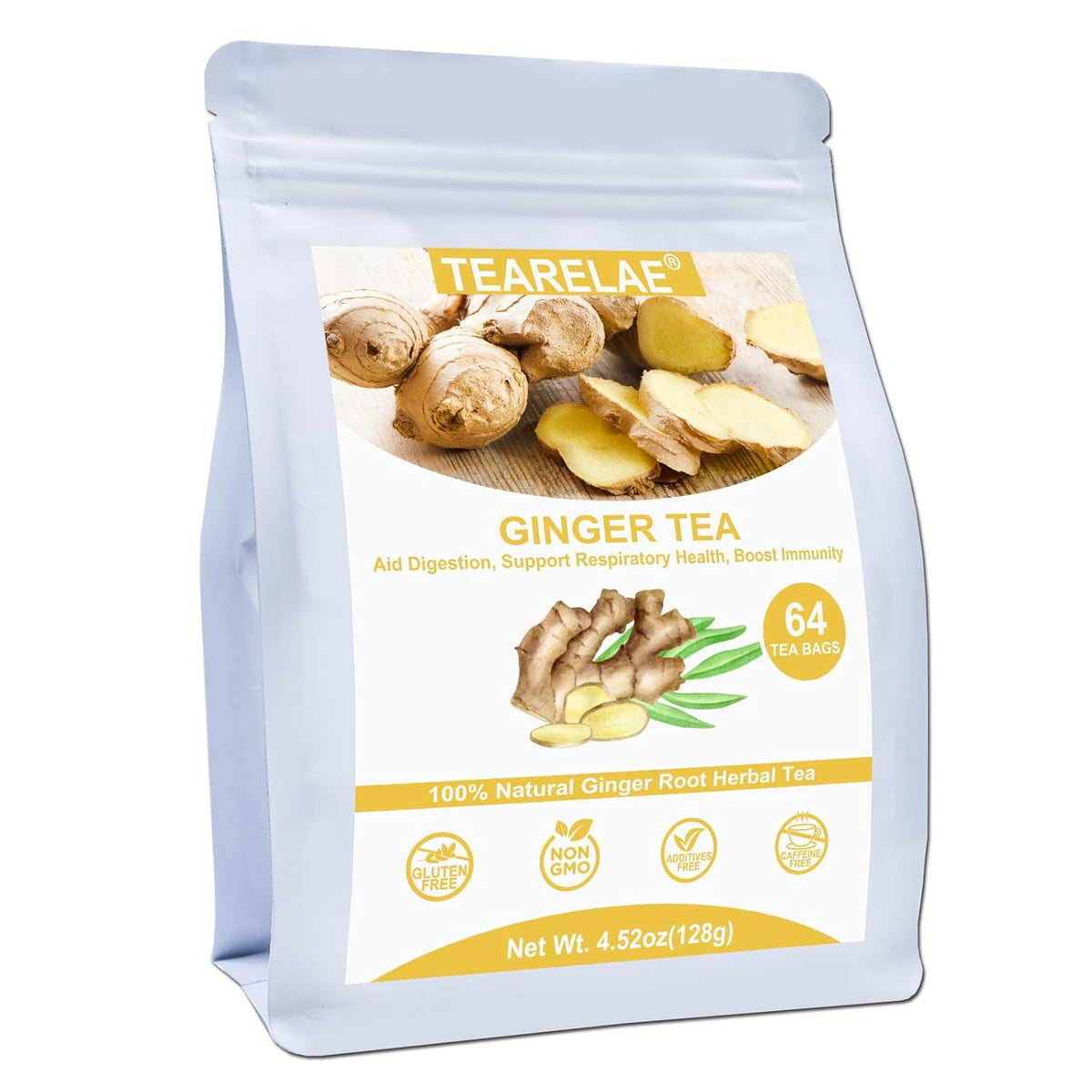 Tearelae - Ginger Tea Bags, 64 Count - 100% Pure Ginger Root Tea, Soothing & Spicy - Non-GMO - Caffeine-free - Aid Digestion & Support Respiratory