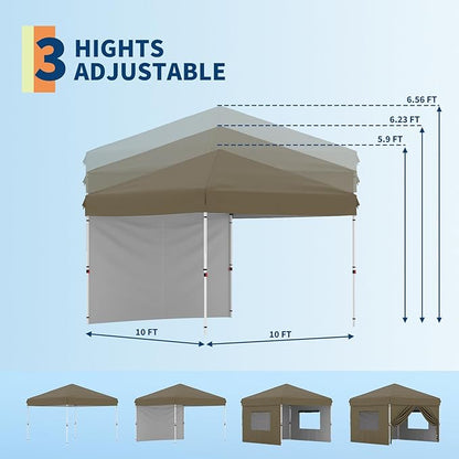 GarveeLife 10x10 Pop Up Canopy with One Sidewalls - Easy Up Camping Tent with One Button Push Setup - 1 Roller Bag, 3 Adjustable Height, 4 Weight Bags for Deck, Garden, Sports, Beach, Party - Brown