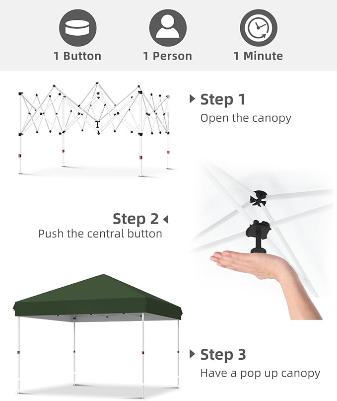 10x10 Pop Up Canopy with One Button Push Setup - Heavy Duty Outdoor Canopy Tent with Portable Roller Bag - 3 Adjustable Height, 4 Weight Bags, 8 Stakes & 4 Guy Ropes Included, Green
