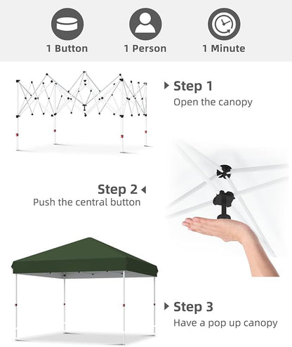 10x10 Pop Up Canopy with One Button Push Setup - Heavy Duty Outdoor Canopy Tent with Portable Roller Bag - 3 Adjustable Height, 4 Weight Bags, 8 Stakes & 4 Guy Ropes Included, Green